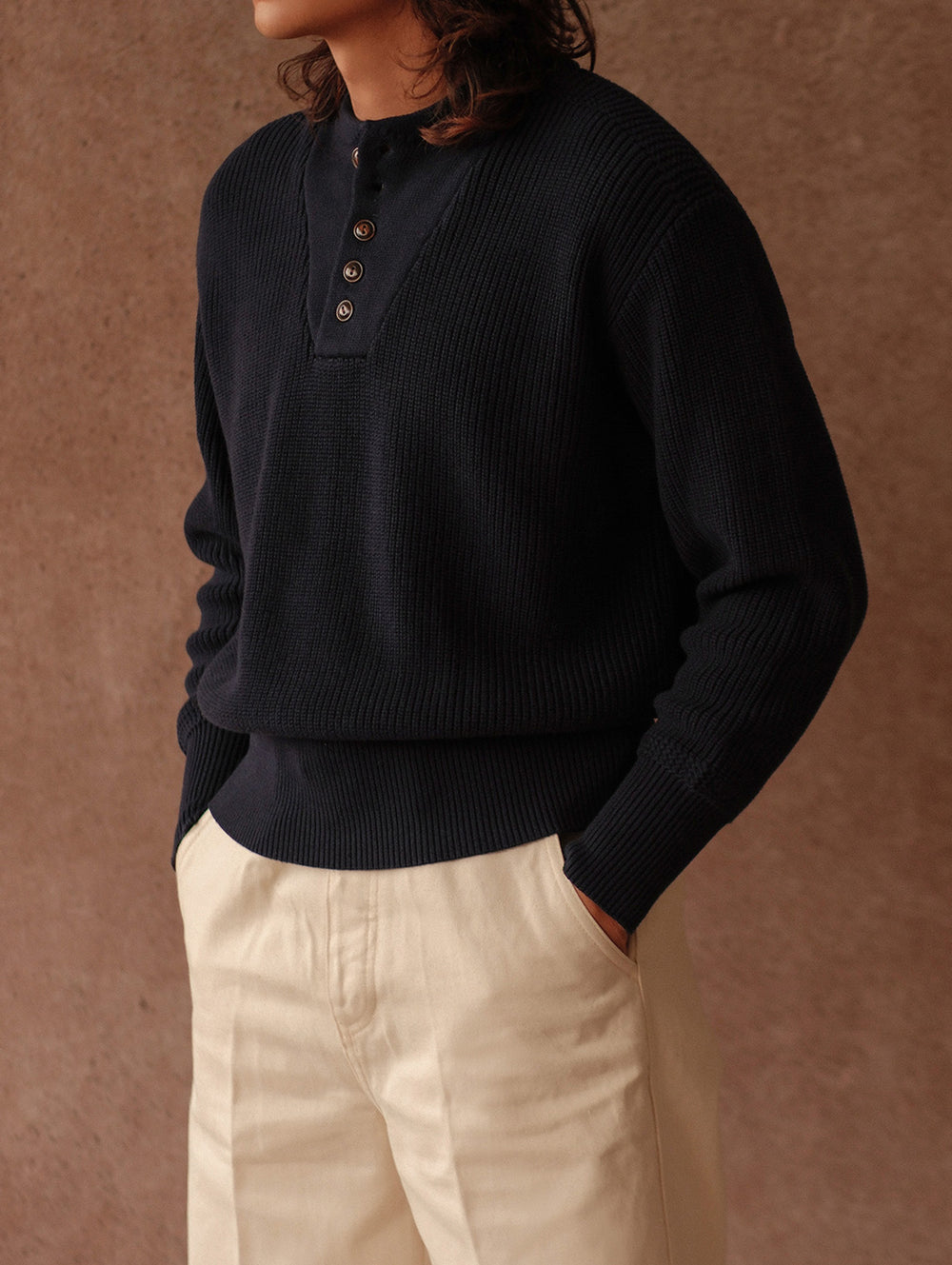 Five-Button Bib-Front Knit Sweater-Navy
