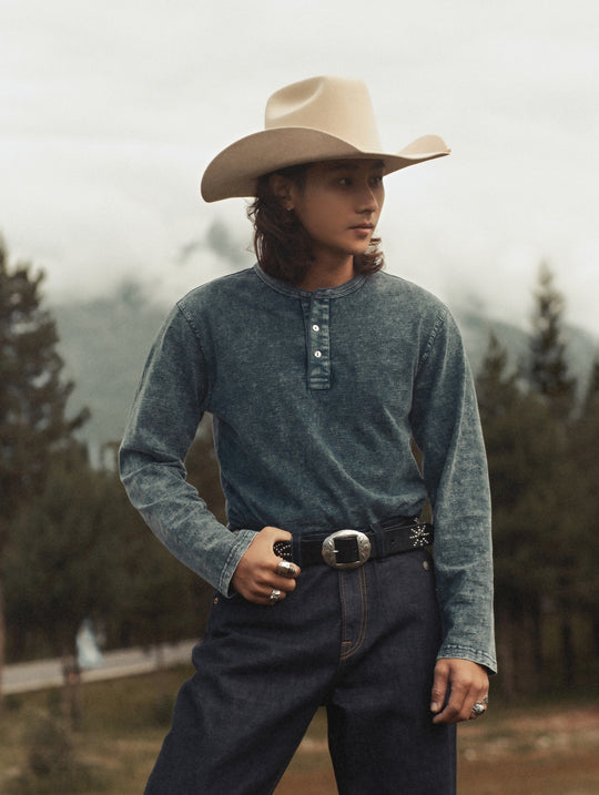Western Series Washed Knit Denim Henley shirt
