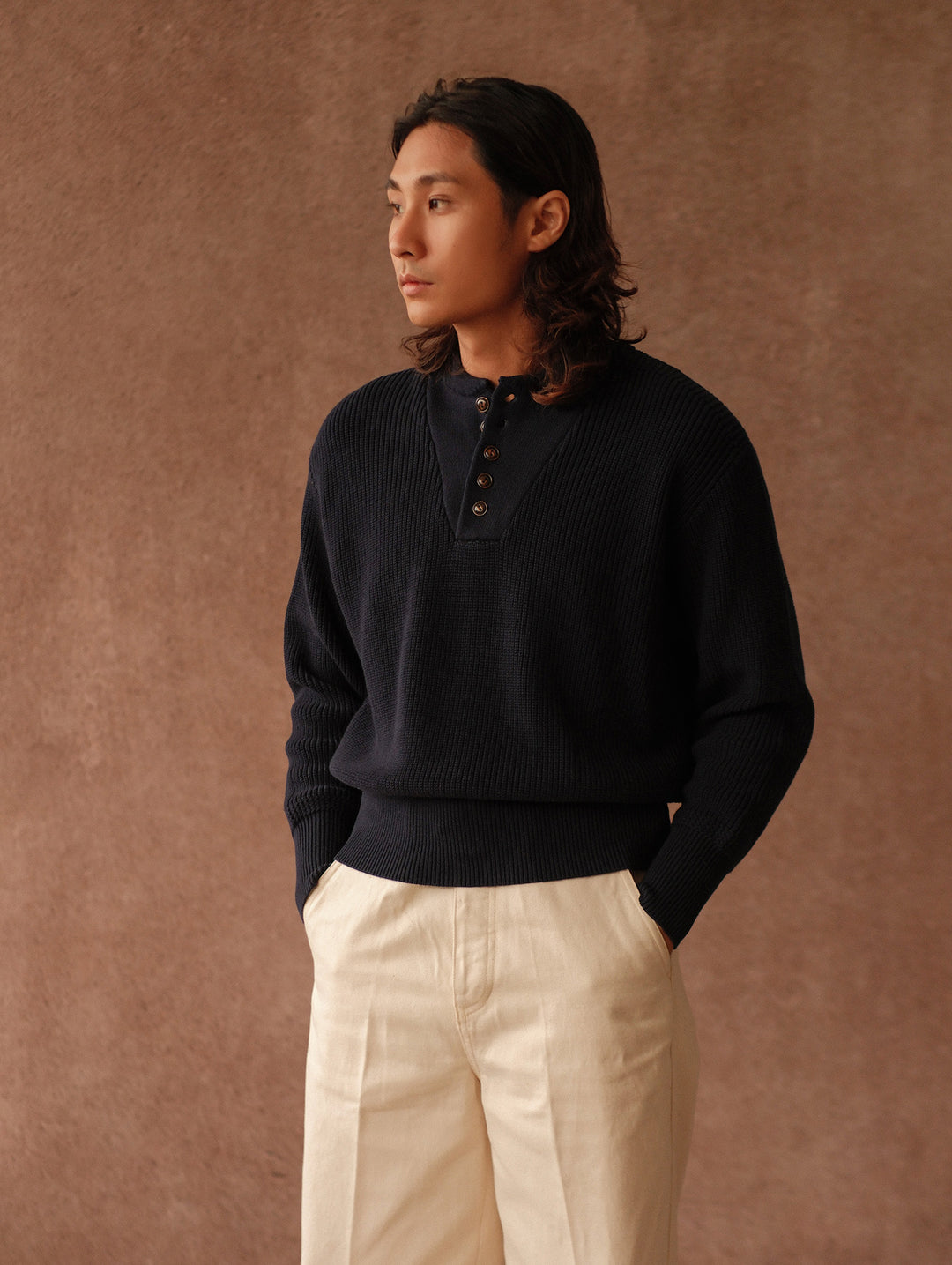 Five-Button Bib-Front Knit Sweater-Navy