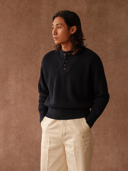 Five-Button Bib-Front Knit Sweater-Navy