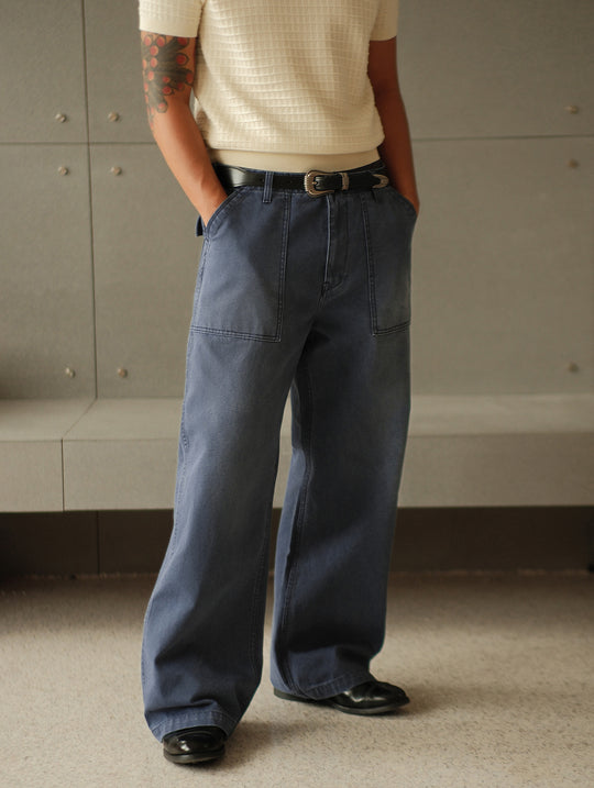 French Work Style Blue Fatigue Trousers