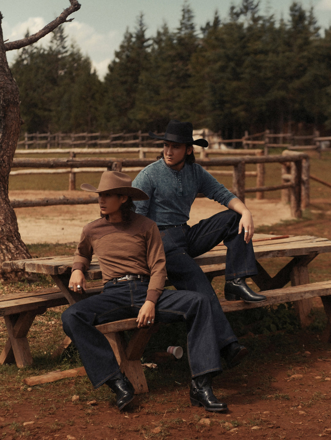 Western Series Sashiko Panel T-shirt-Dark Brown