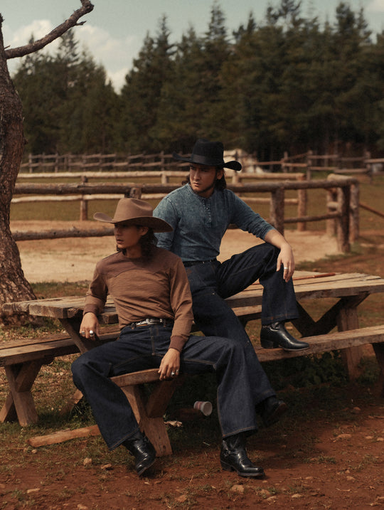 Western Series Sashiko Panel T-shirt-Dark Brown