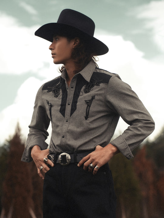 Western Series Salt-and-Pepper Panel Leather Embroidered shirt
