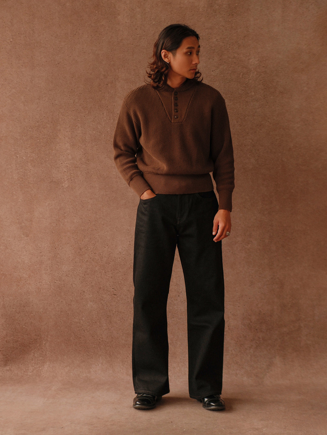 Five-Button Bib-Front Knit Sweater-Khaki Green