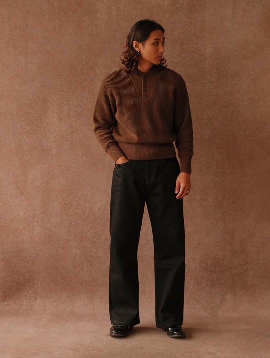 Five-Button Bib-Front Knit Sweater-Khaki Green