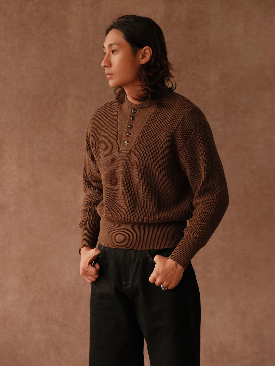 Five-Button Bib-Front Knit Sweater-Khaki Green