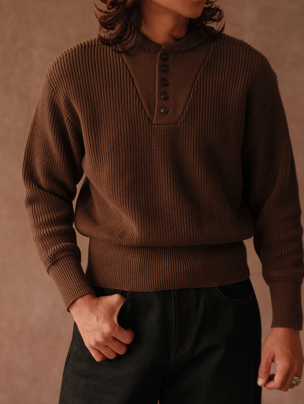 Five-Button Bib-Front Knit Sweater-Khaki Green