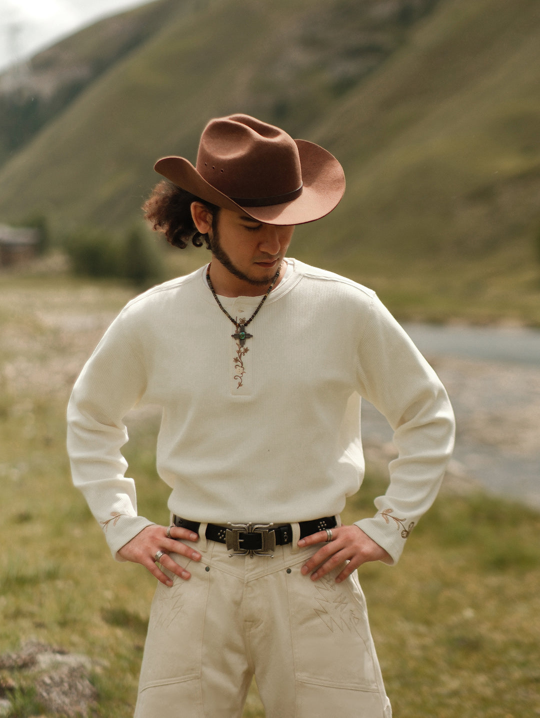Western Series Flamebloom Henley Shirt-White