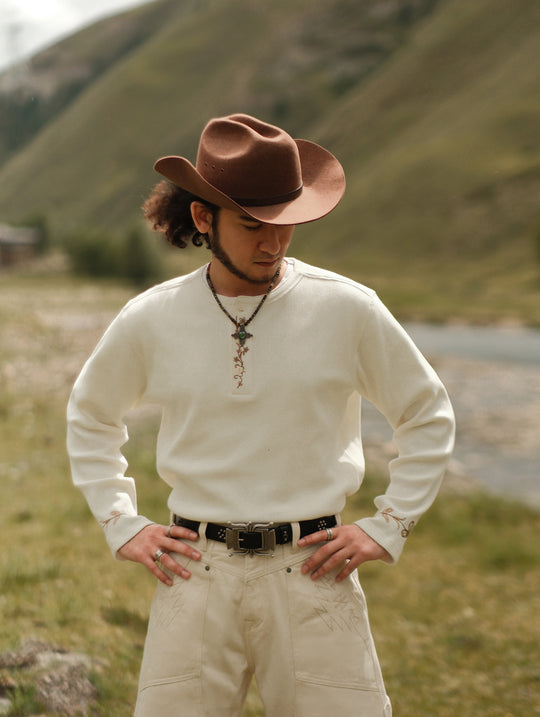 Western Series Flamebloom Henley Shirt-White