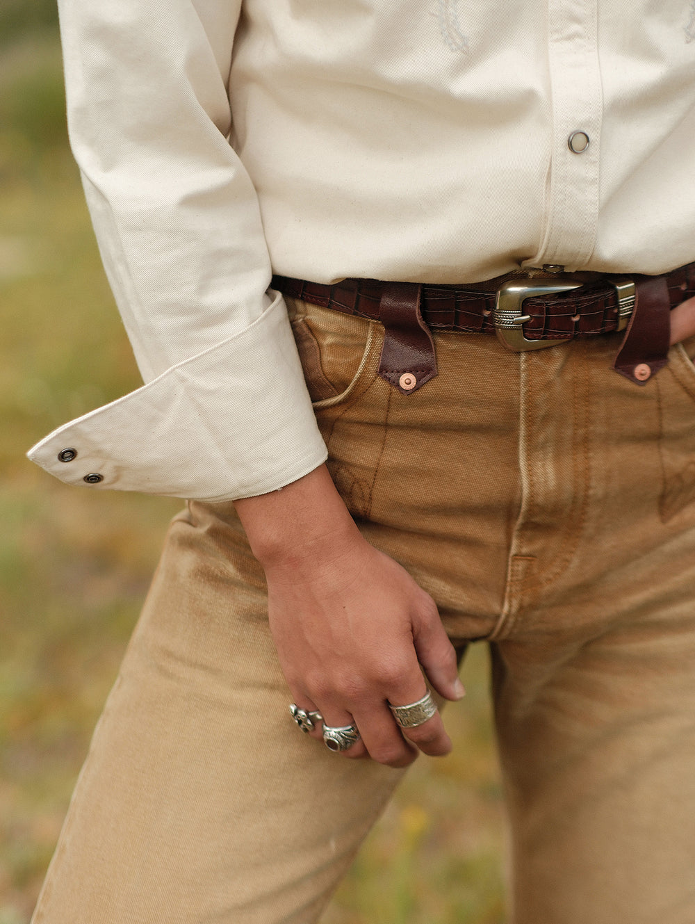Crocodile-embossed Bamboo Knot Pattern Belt With Horsebit Buckle-Brown