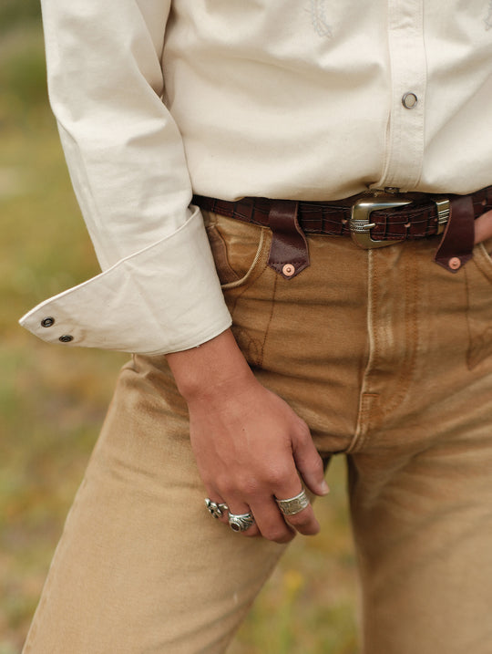 Crocodile-embossed Bamboo Knot Pattern Belt With Horsebit Buckle-Brown