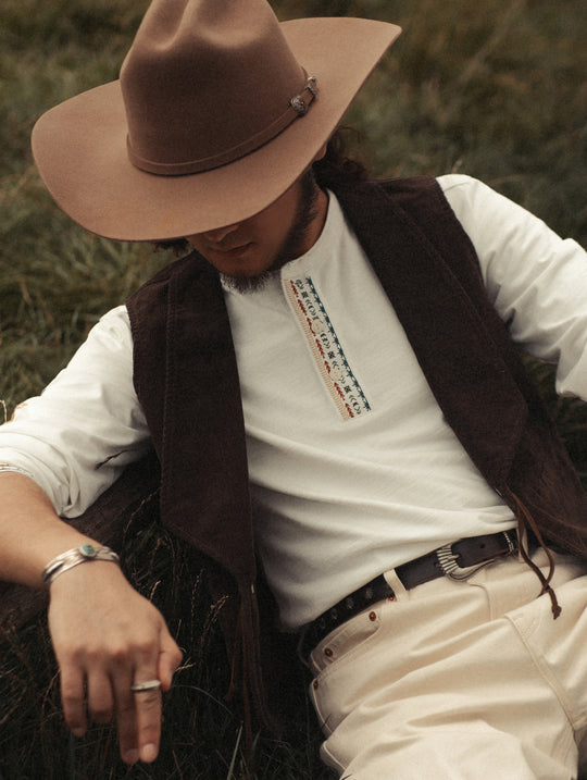 Western Series Embroidered Henley shirt-White