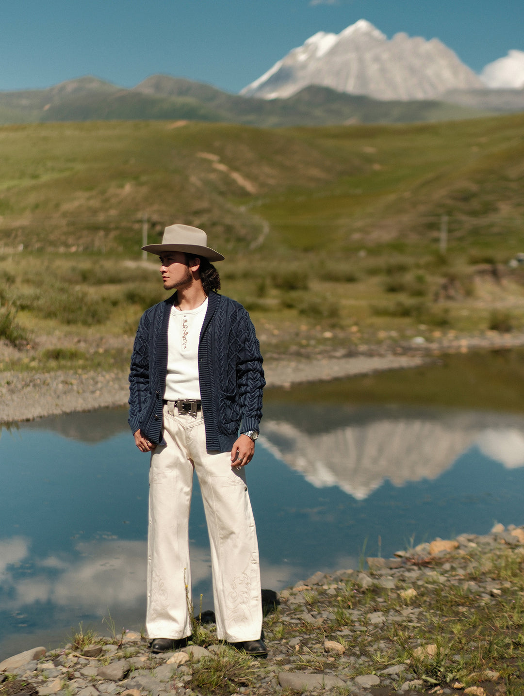 Western Series Washed Indigo-Dyed Cable Sweater