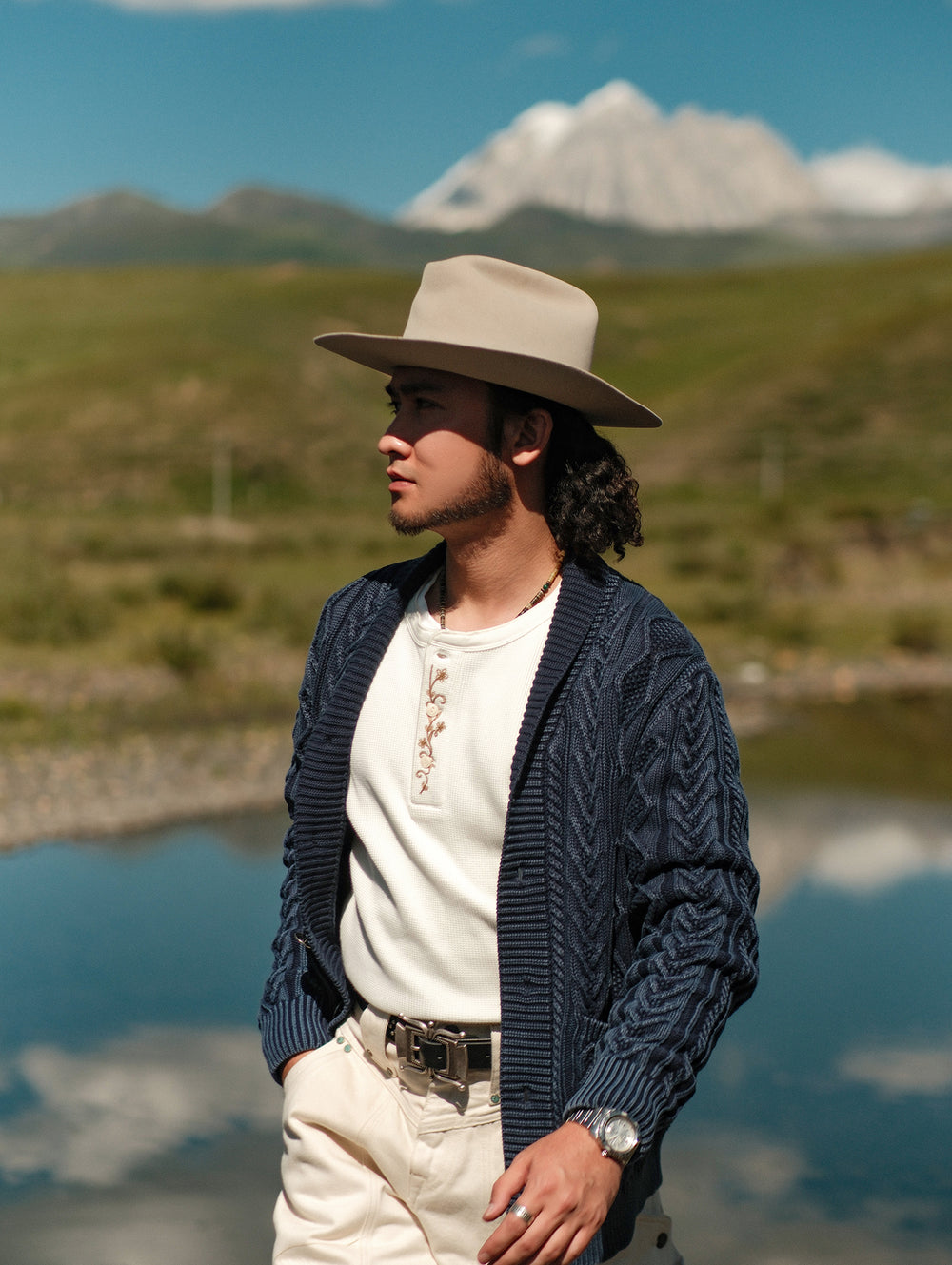 Western Series Washed Indigo-Dyed Cable Sweater