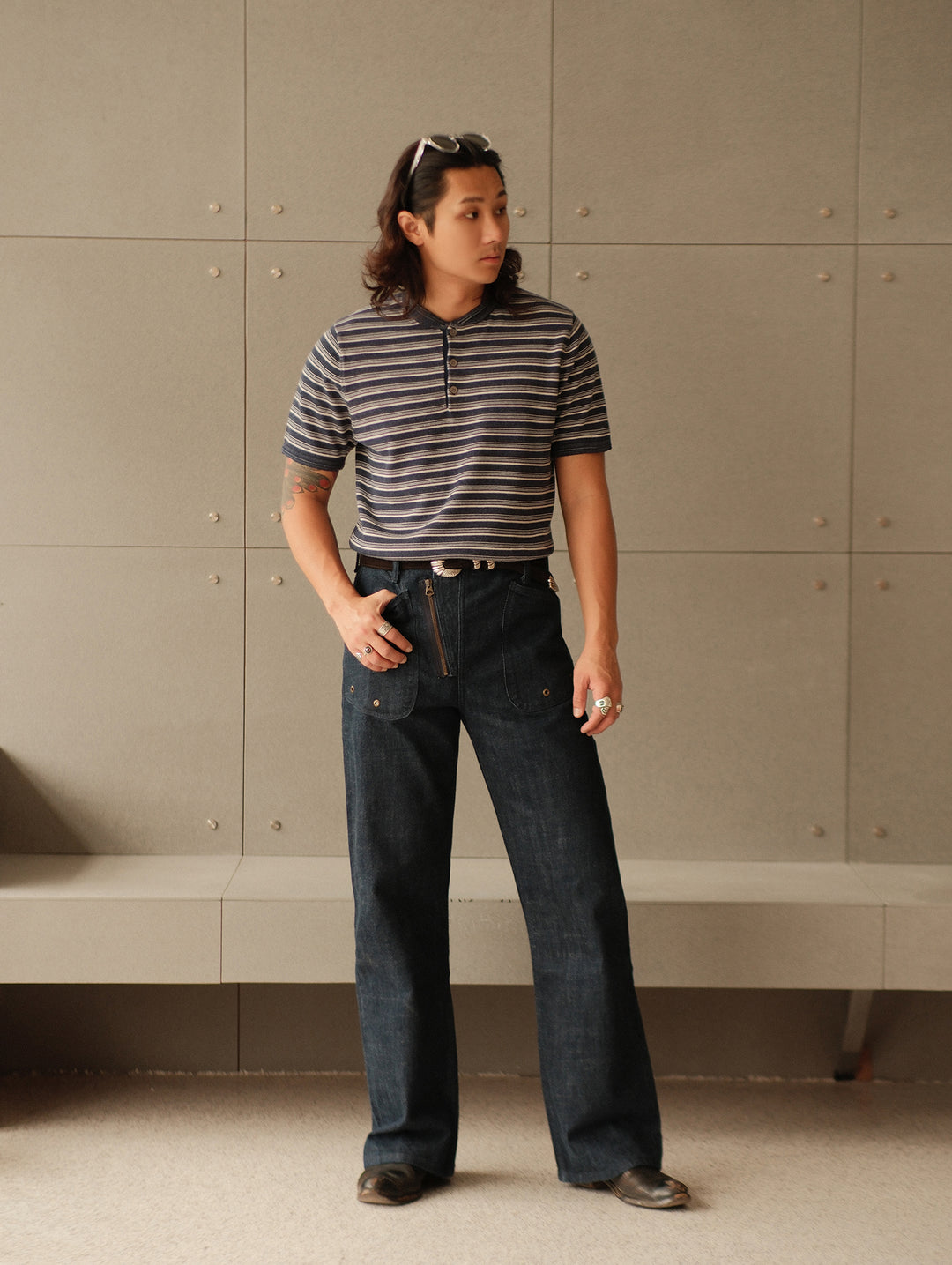 Henley Knitted Shirt-Navy Striped Heather