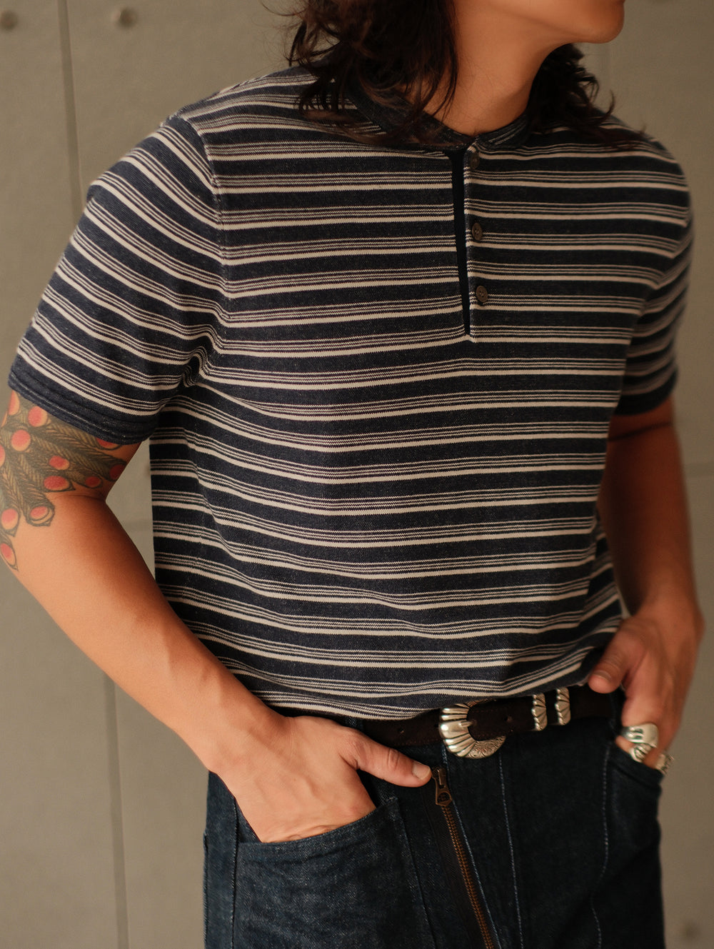 Henley Knitted Shirt-Navy Striped Heather