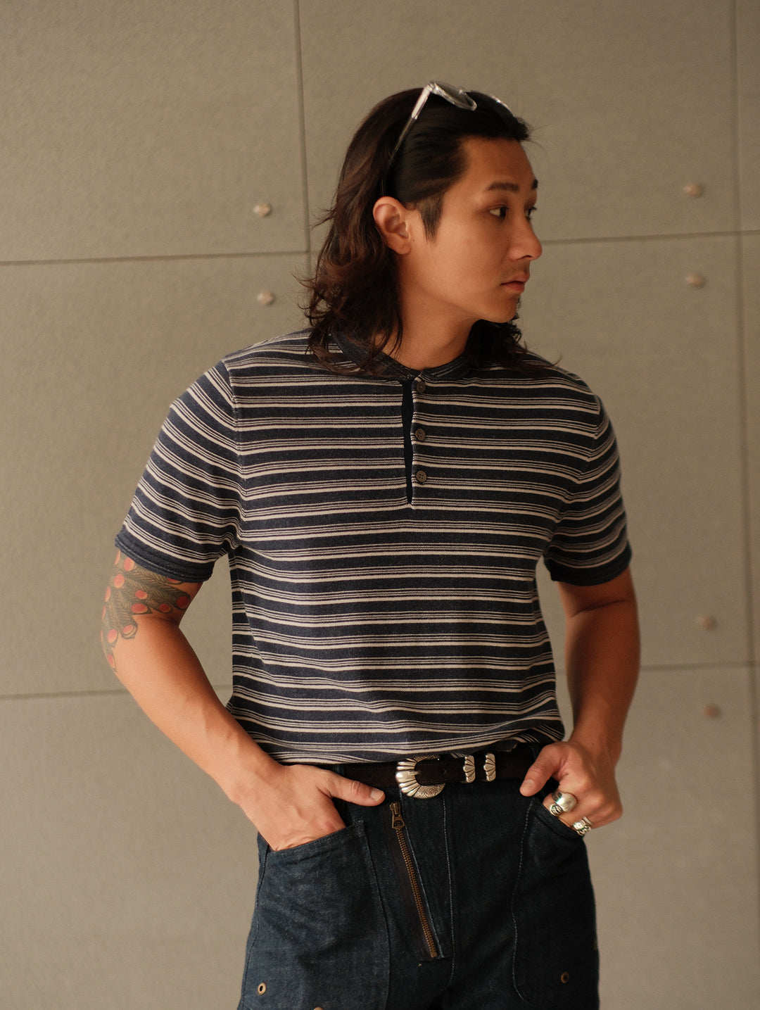 Henley Knitted Shirt-Navy Striped Heather