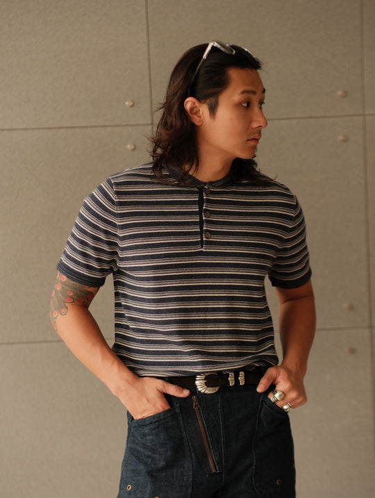 Henley Knitted Shirt-Navy Striped Heather