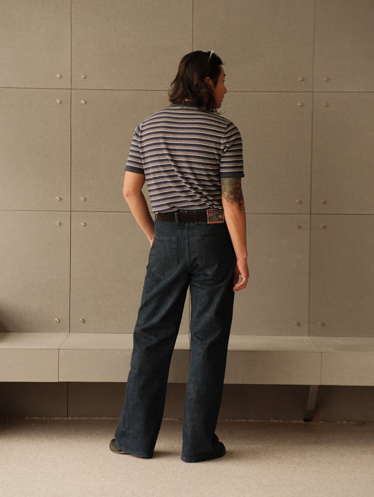 Henley Knitted Shirt-Navy Striped Heather