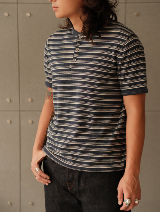 Henley Knitted Shirt-Navy Striped Heather