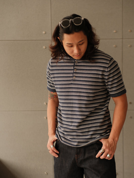 Henley Knitted Shirt-Navy Striped Heather