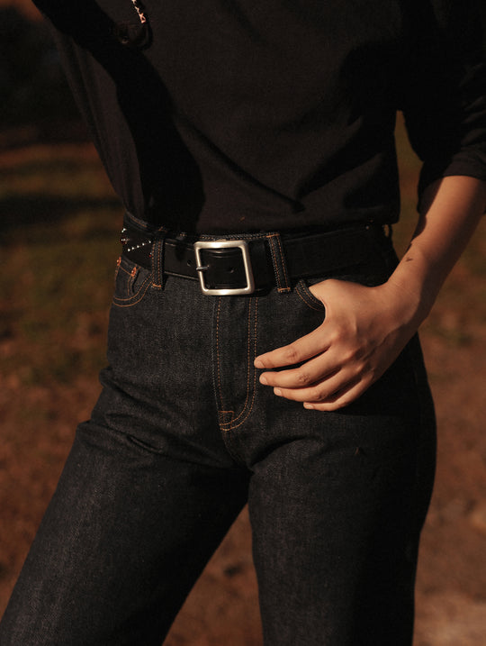 Edge-Embossed Full-Grain Leather Studded Belt-Red