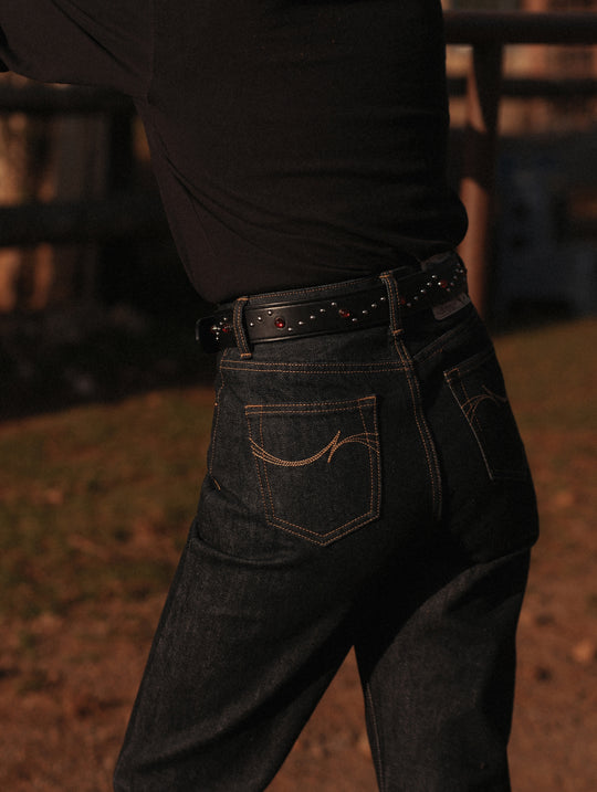 Edge-Embossed Full-Grain Leather Studded Belt-Red
