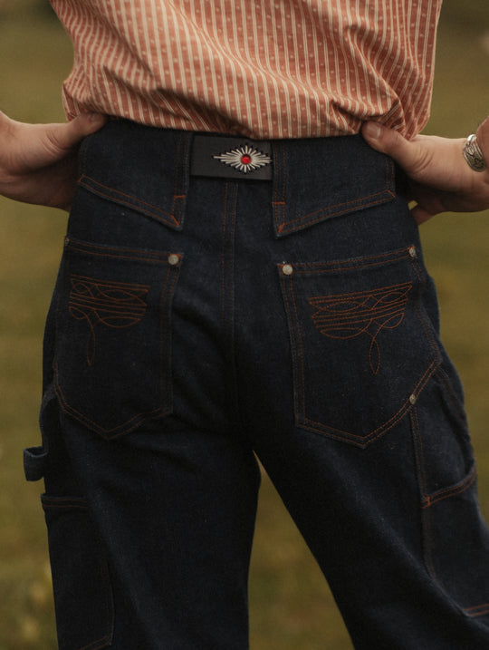 Hand-Stitched Diamond-Pattern Studded Waxed Leather Belt-Red Crystal Studs