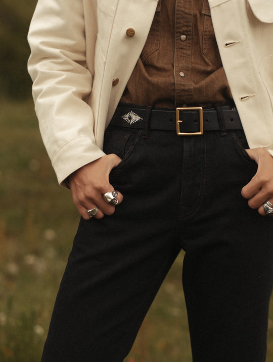 Hand-Stitched Diamond-Pattern Studded Waxed Leather Belt-Black Crystal Studs