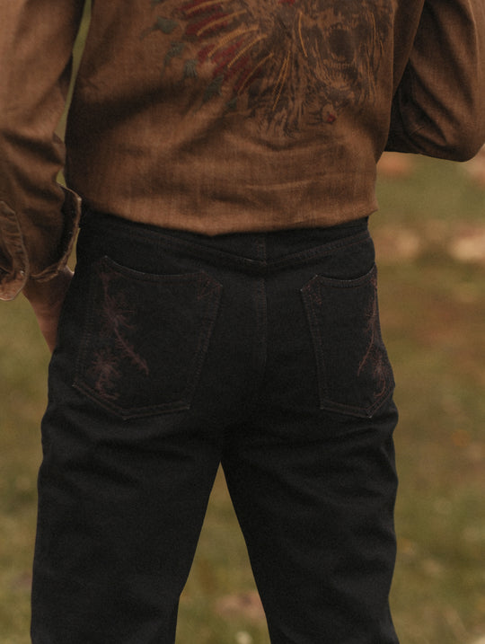 Western Series 14.3oz Black Swordsman Embroidered Flared jeans