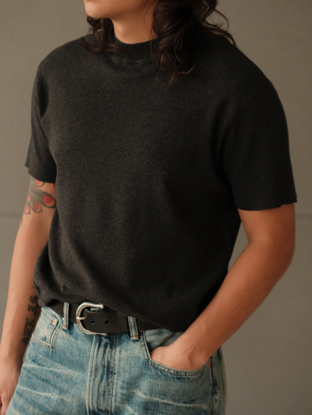 Simple style Knitted Shirt-Dark Flecked Grey