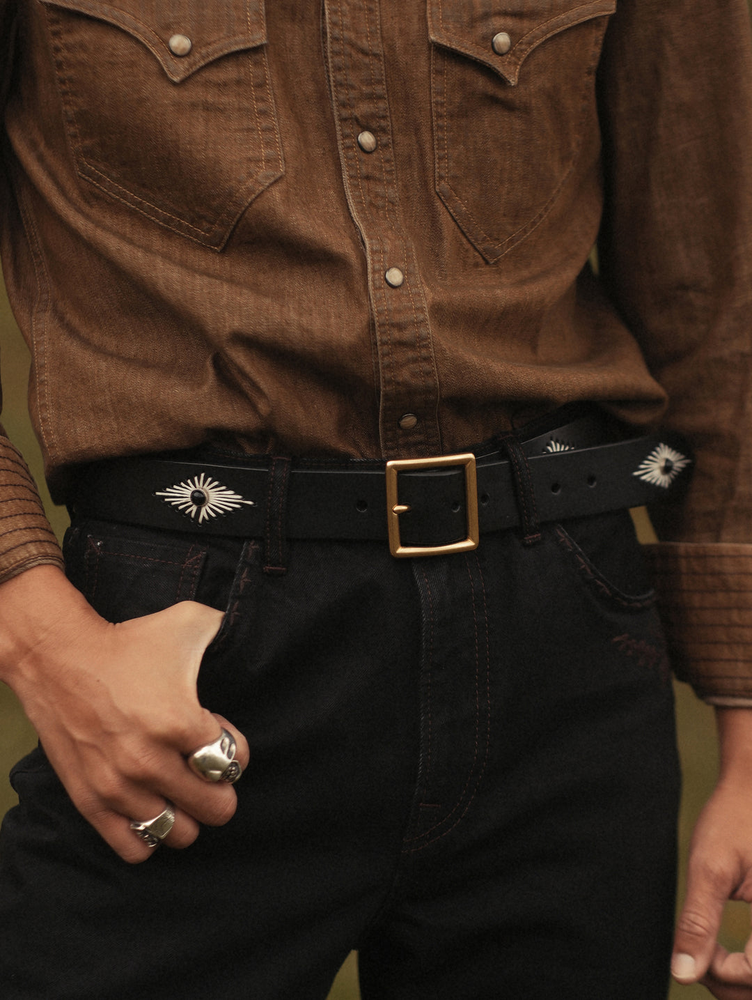 Hand-Stitched Diamond-Pattern Studded Waxed Leather Belt-Black Crystal Studs