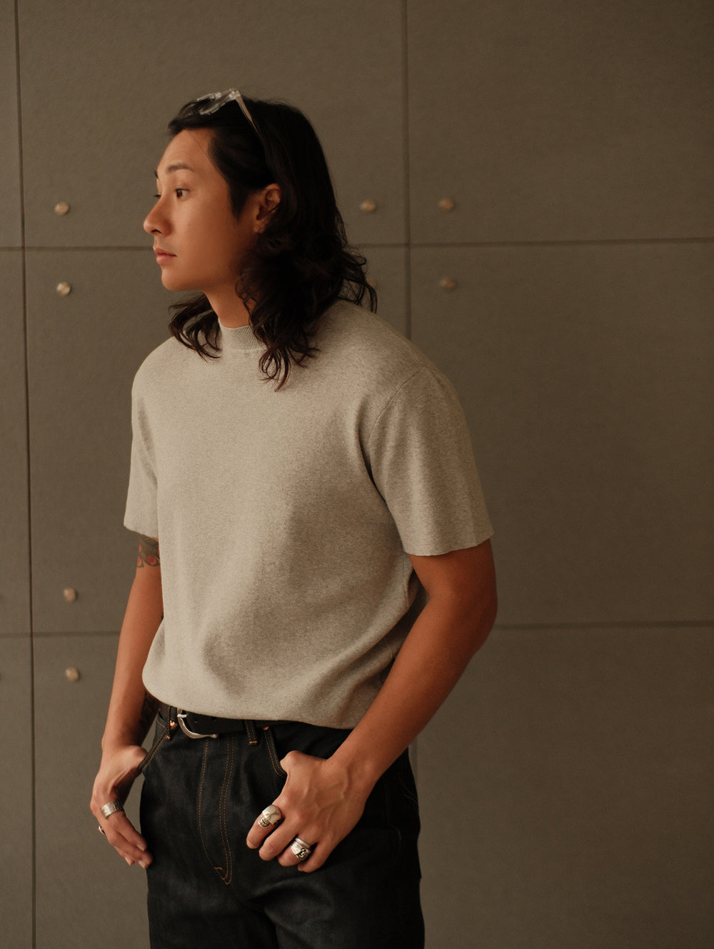 Simple style Knitted Shirt-Light Flecked Grey