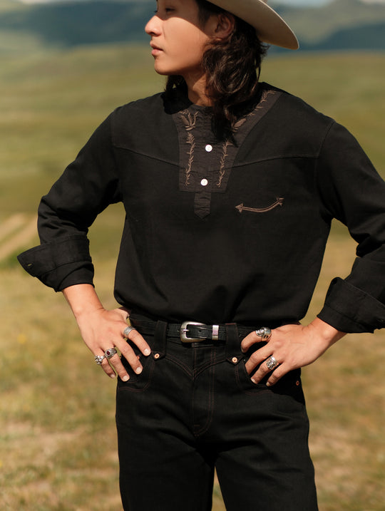 Crocodile-embossed Bamboo Knot Pattern Belt With Horsebit Buckle-Black