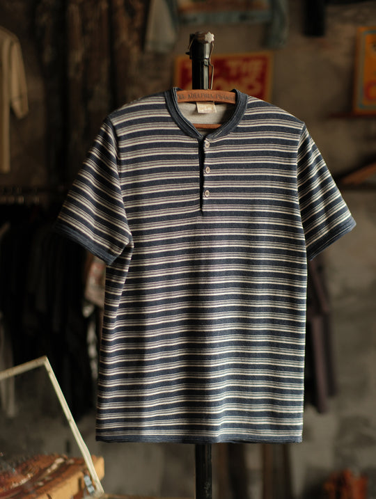 Henley Knitted Shirt-Navy Striped Heather